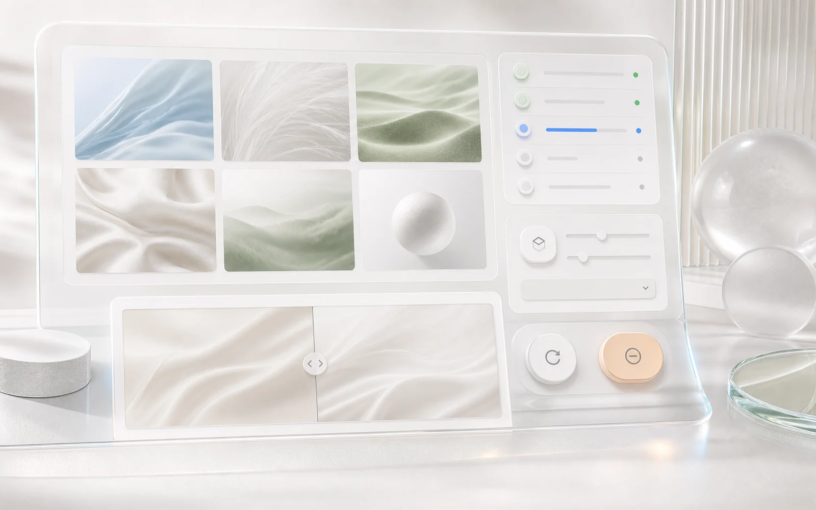 Creative workstation with media gallery, generation queue, and comparison surface